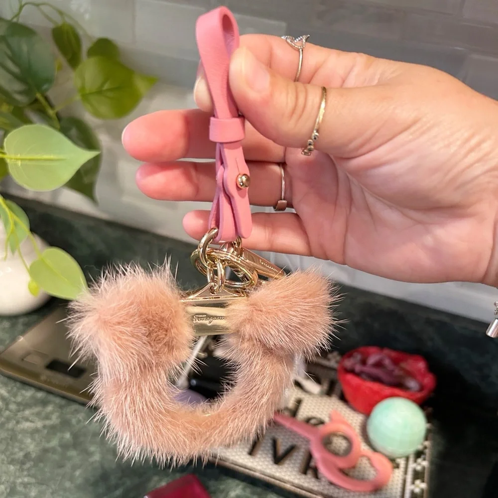 Authentic Salvatore Ferragamo RARE / HTF Antique Rose & Pink Fur Logo Bag Charm
